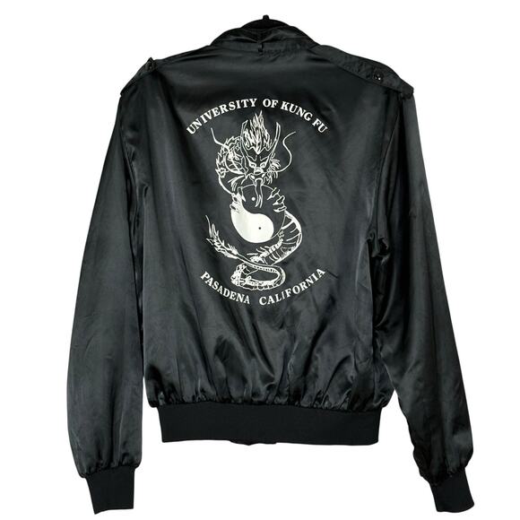 Vtg 90s Satin Bomber Cafe Racer Jacket University Of King Fu Streetwear Size L - Picture 1 of 5